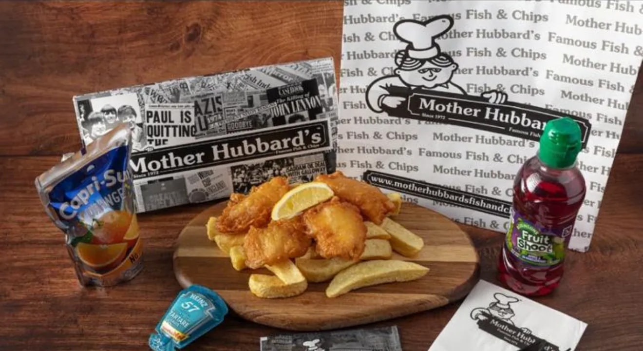 A children’s meal of fish chunks and chips with lemon, a Capri-Sun and a Fruit Shoot
