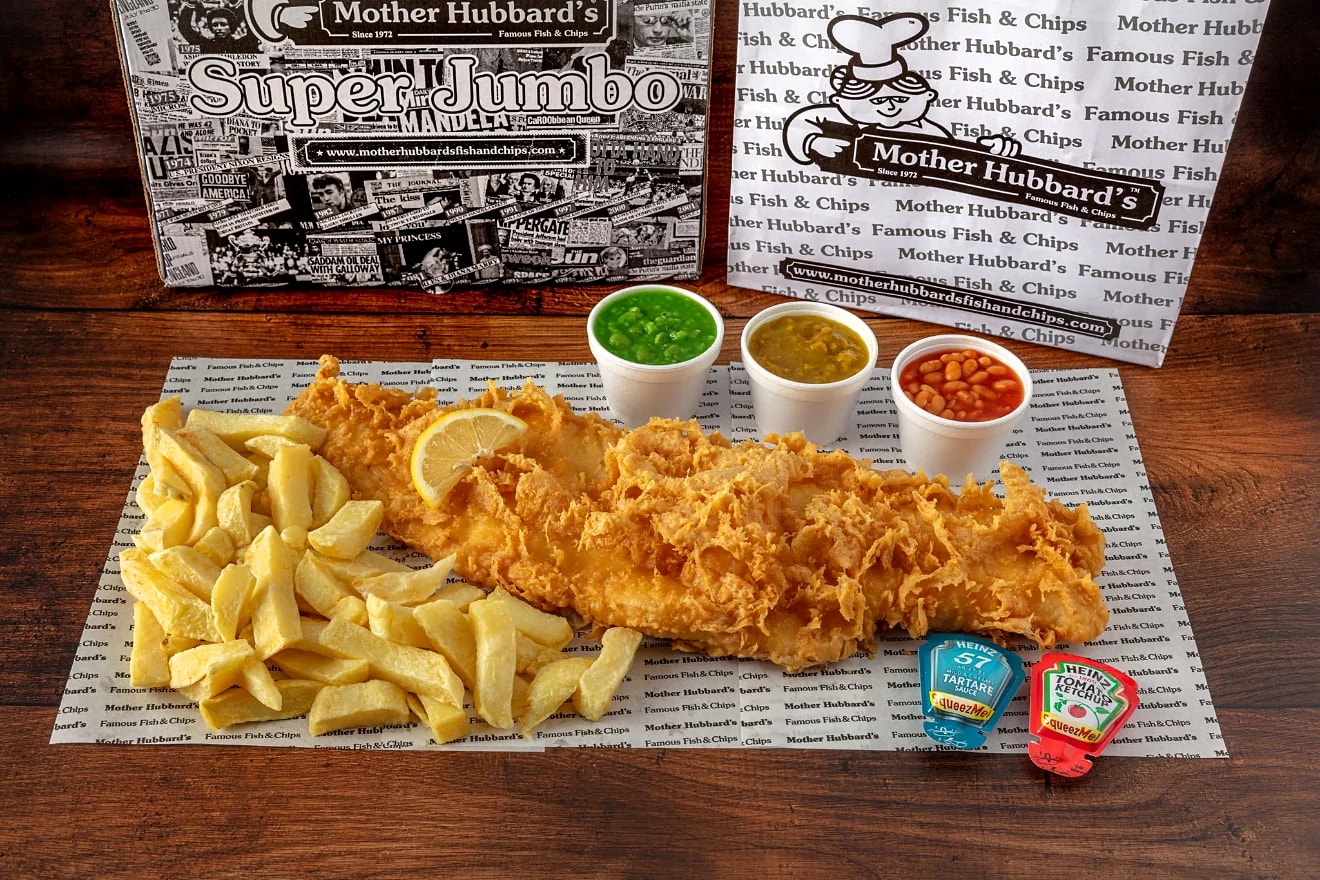 Super jumbo battered fish laid right across a bed of chips