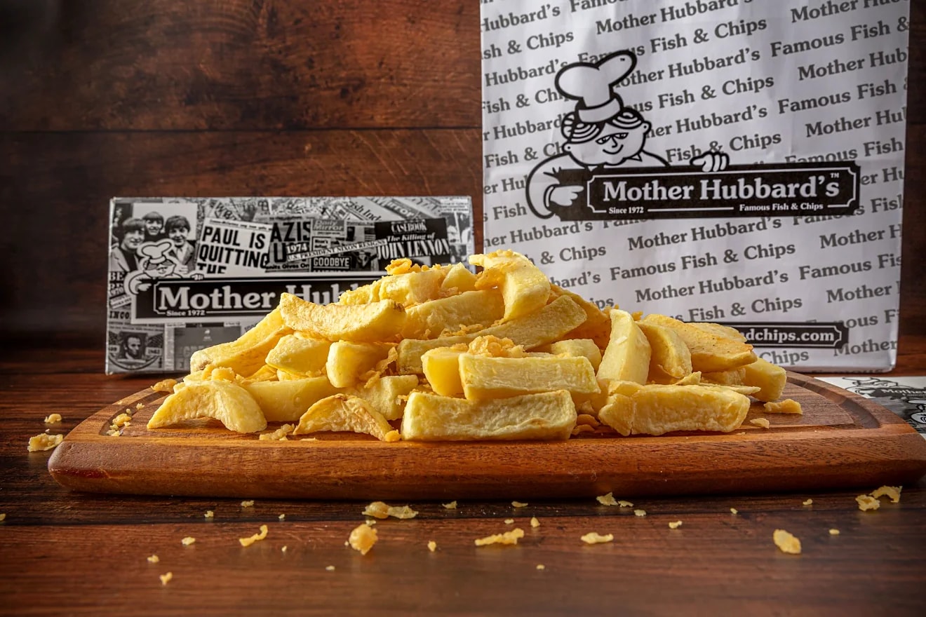 Thick-cut chips fresh from the fryer