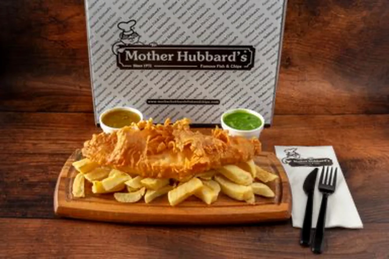 Special fish and chips on printed Mother Hubbard’s paper